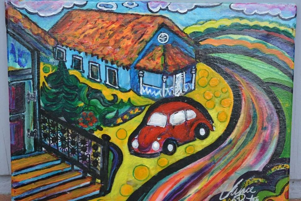 VIBRANT EXPRESSIONIST - FUN STREET SCENE W RED VW BEETLE - VANCE PARTEN (1 of 2)