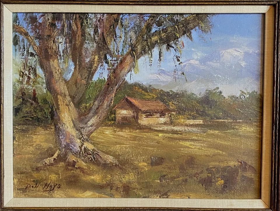 OIL PAINTING CABIN IN MOUNTAINS - FRAMED IMPRESSIONIST - SIGNED P. H. HAYS (?) (1 of 2)