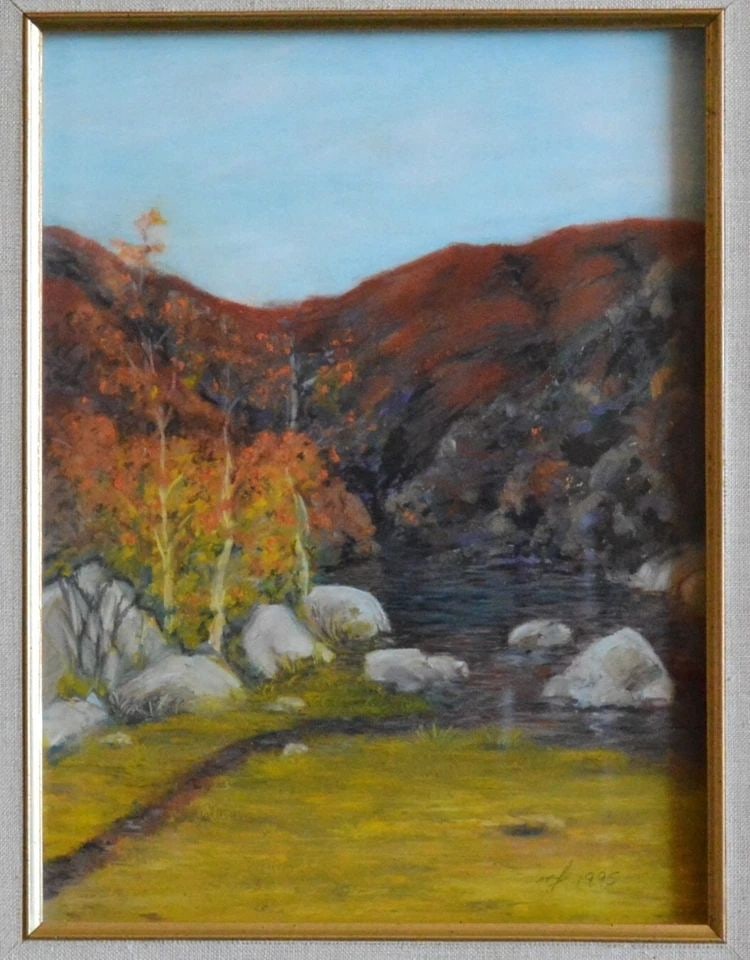 IMPRESSIONIST LANDSCAPE OIL PAINTING - CANYON STREAM IN AUTUMN - FRAMED (1 of 2)
