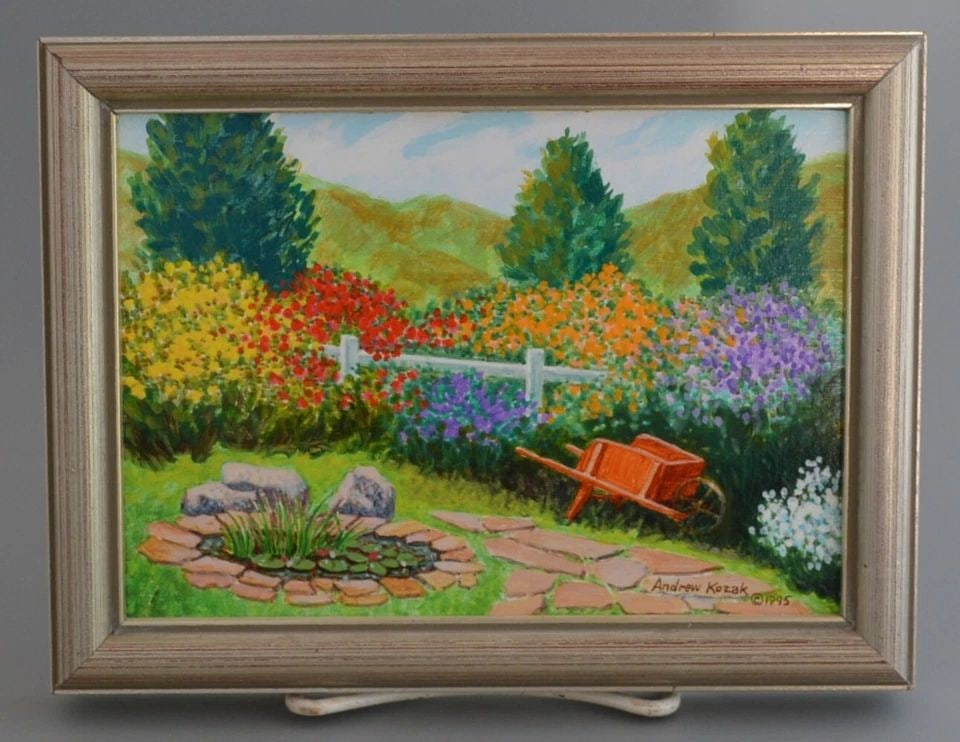 ANDREW KOZAK - MINIATURE PAINTING - SUMMER GARDEN LANDSCAPE FLOWERS - 6" X 8": ANDREW KOZAK - MINIATURE PAINTING - SUMMER GARDEN LANDSCAPE FLOWERS - 6" X 8" This wonderful miniature garden landscape was done by California / Arizona artist Andrew Kozak (1924-). It is signed in th