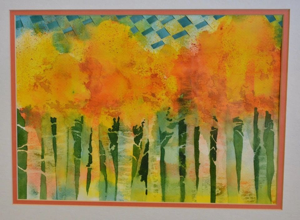 WATERCOLOR COLLAGE PAINTING ASPEN TREES IN FALL FLAGSTAFF ARIZONA - VADA LOVATO: WATERCOLOR COLLAGE PAINTING ASPEN TREES IN FALL FLAGSTAFF ARIZONA - VADA LOVATO Item Description: This watercolor collage is titled "Flagstaff Fall". Many travel every fall to Flagstaff AZ to enter th