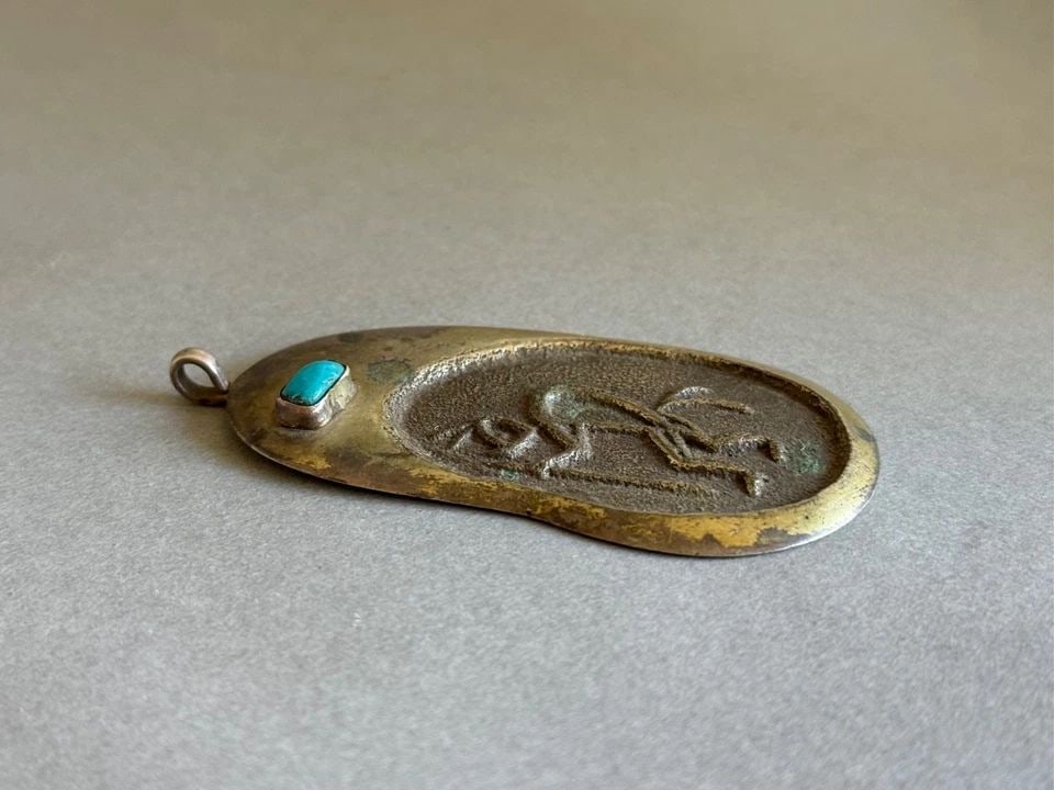 LARGE NAVAJO TUFA CAST STERLING SILVER WITH TURQUOISE KOKOPELLI PENDANT. 3: LARGE NAVAJO TUFA CAST STERLING SILVER WITH TURQUOISE KOKOPELLI PENDANT. 3” Large Vintage Navajo Tufa Cast Sterling Silver with Turquoise Kokopelli Pendant 3 1/8” Tall 1 1/2” Wide ..