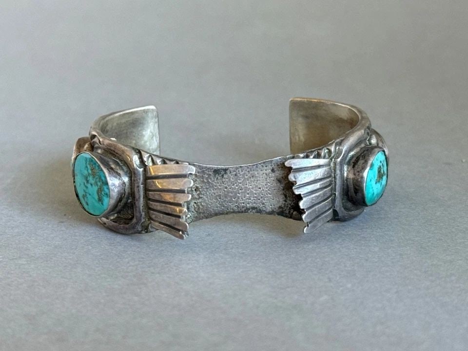 OLD PAWN NAVAJO STERLING SILVER WITH TURQUOISE WATCH BRACELET. (1 of 2)