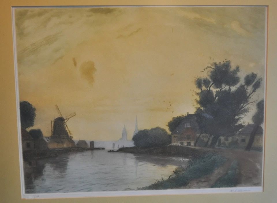 VINTAGE AQUATINT ETCHING VILLAGE MILL CANAL HOLLAND RAOUL ANDRE ULMANN 1867-1950 (1 of 2)