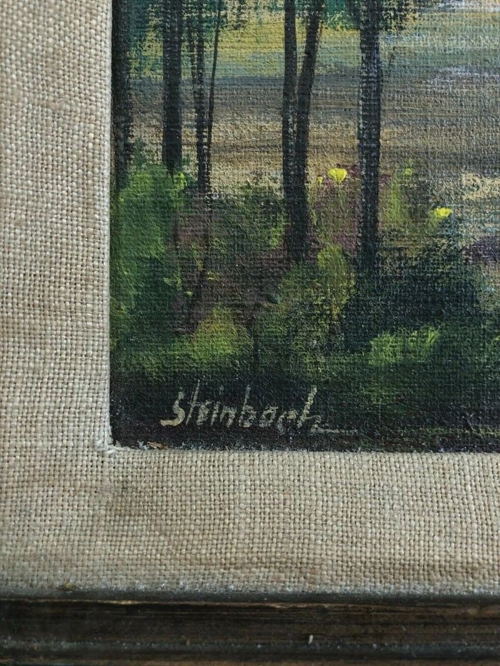 VINTAGE LANDSCAPE PAINTING - TREES MOUNTAINS IN THE DISTANCE - STEINBACH (1 of 2)