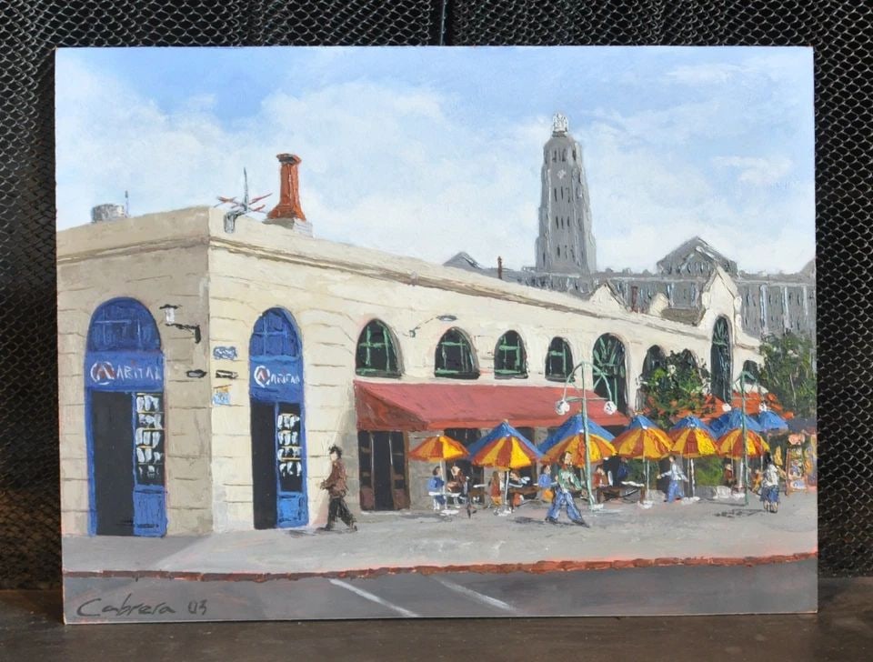 ORIGINAL OIL PAINTING - MARKET CAFE CITY STREET SCENE - SPAIN - CABRERA (1 of 2)