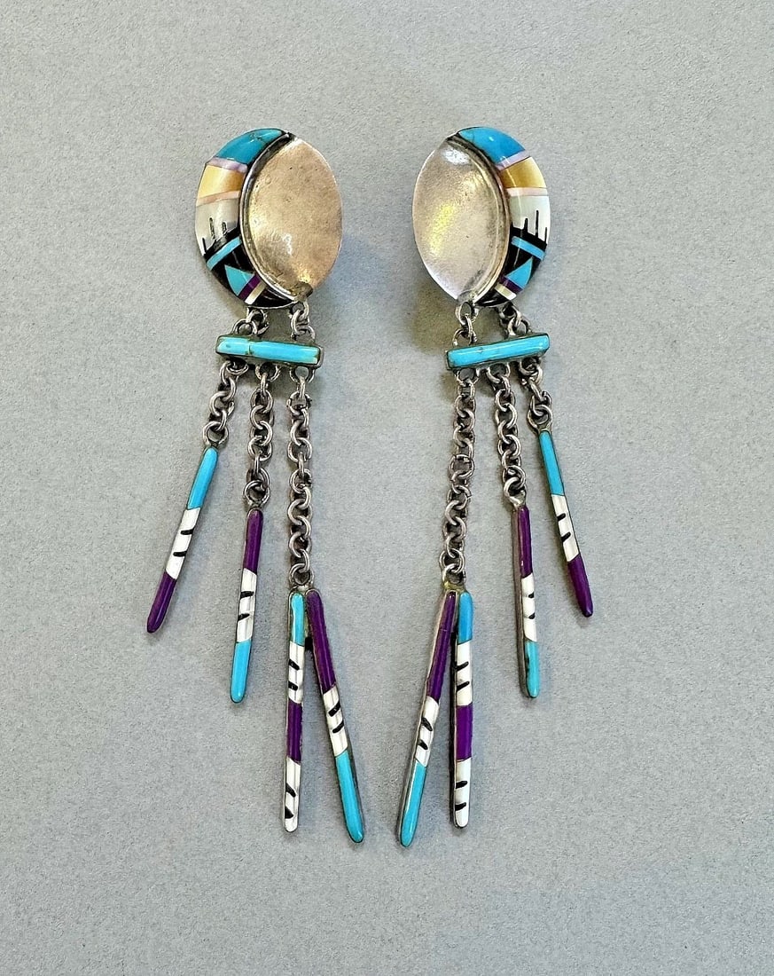 VINTAGE ZUNI STERLING SILVER TURQUOISE , LAPIS,SHELL,JET INLAID EARRINGS 3 3/4": 3 3/4 " Long 14.8 Grams Throughout the 40 years that I have been in business, I have purchased jewelry from pawn shops throughout the Southwest that had collections of dead pawn. Most of these pawn sh
