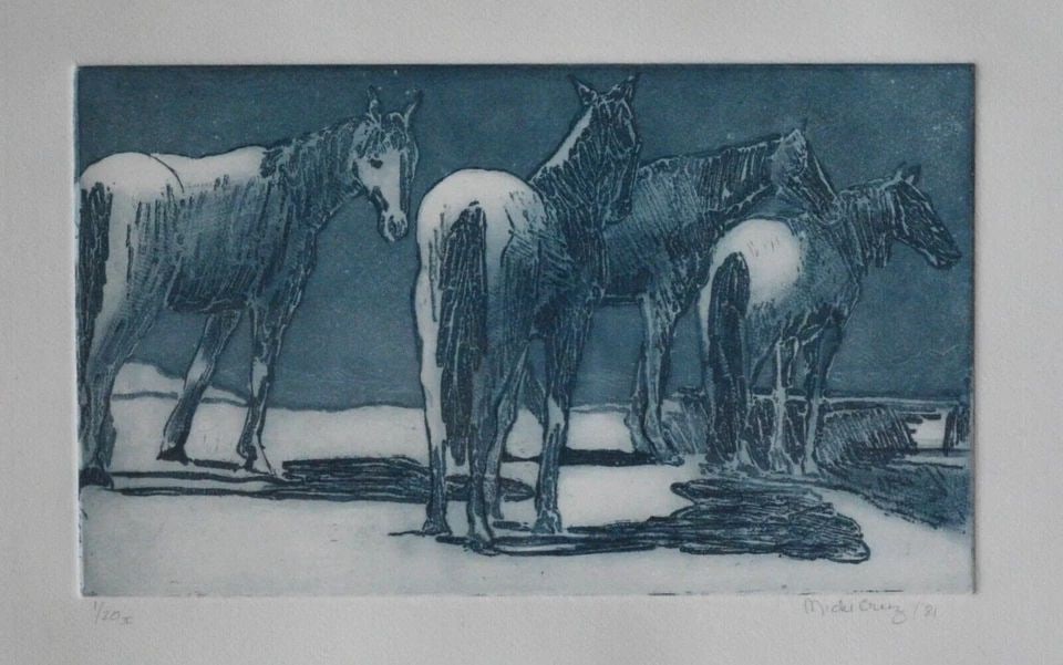 MICKI CRUZ - VTG. ETCHING FOUR HORSES - SIGNED LMTD ED. 1/20 - 1981 - FRAMED: MICKI CRUZ - VTG. ETCHING FOUR HORSES - SIGNED LMTD ED. 1/20 - 1981 - FRAMED This etching shows horses standing looking out over the distance - possibly a canyon. One horse is turned and looking towar