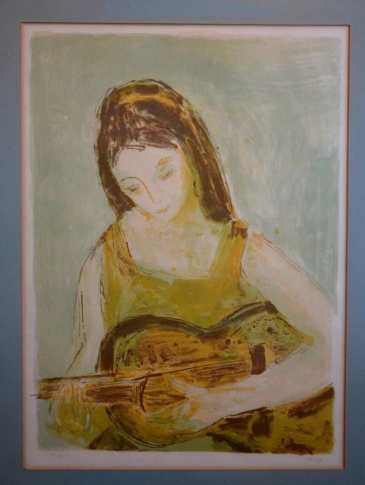 GRETA SCHREYER (1923-2005) VINTAGE COLORED LITHOGRAPH - YOUNG WOMAN GUITAR (1 of 2)