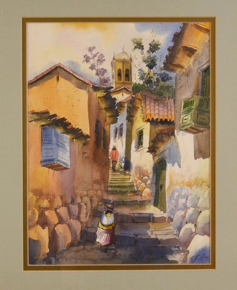 WATERCOLOR PAINTING - NARROW ALLEY STREET SCENE CUSCO PERU - EUSEBIE FLORES (1 of 2)