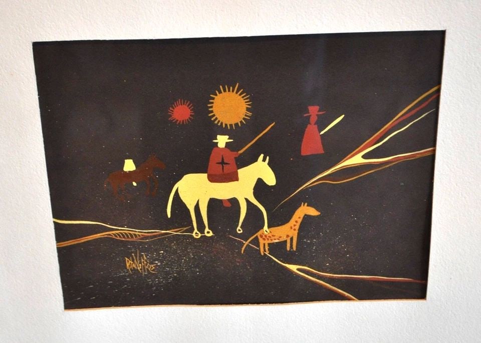 SPANISH HORSEMEN CANYON DE CHELLY - HOHOKAM POTTERY FLUTE PLAYER - ARROWHEADS: SPANISH HORSEMEN CANYON DE CHELLY - HOHOKAM POTTERY FLUTE PLAYER - ARROWHEADS Item Description: One of the paintings in this piece is the artist's rendition of pictographs (petroglyphs) seen on the wa
