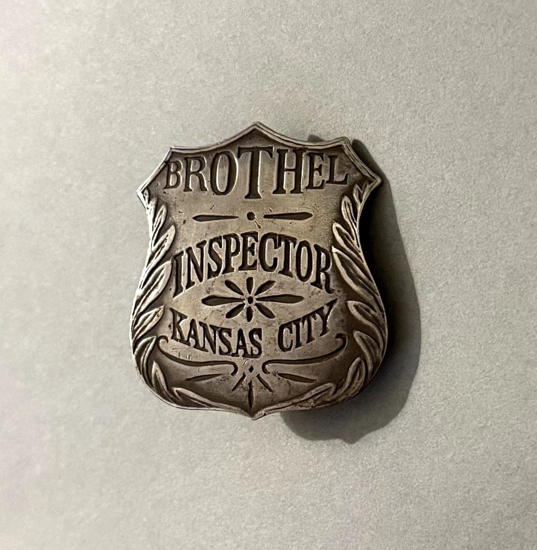VINTAGE SOLID STERLING SILVER BROTHEL INSPECTOR PIN: 1 7/8 " x 1 1/2 " 22 Grams Solid Sterling Silver .. Throughout the 40 years that I have been in business, I have purchased jewelry from pawn shops throughout the Southwest that had collections of dead