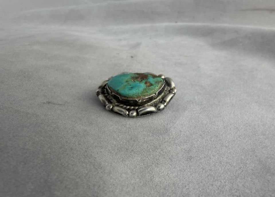 OLD PAWN STERLING SILVER PIN - GREAT TURQUOISE STONE - APPLIQUE SETTING - 1 1/4": This pin measures 1 1/4" across by 1" wide. It weighs 10.65 grams. It has letters YNU lightly etched on the back. Throughout the 40 years that I have been in business, I have purchased jewelry from pa