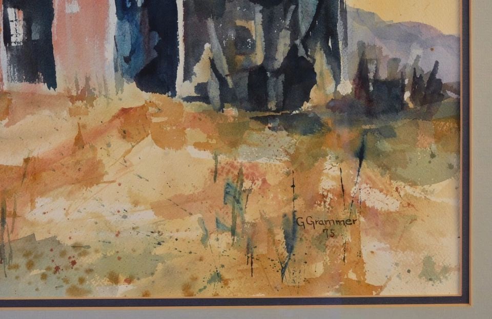 IMPRESSIONIST WATERCOLOR PAINTING OLD BARN MOUNTAIN LANDSCAPE - G. GRAMMER 1975: IMPRESSIONIST WATERCOLOR PAINTING OLD BARN MOUNTAIN LANDSCAPE - G. GRAMMER 1975 Item Description: This vibrant watercolor painting was done by artist G. Grammer and is dated 1975. It measures 14 1/8" 
