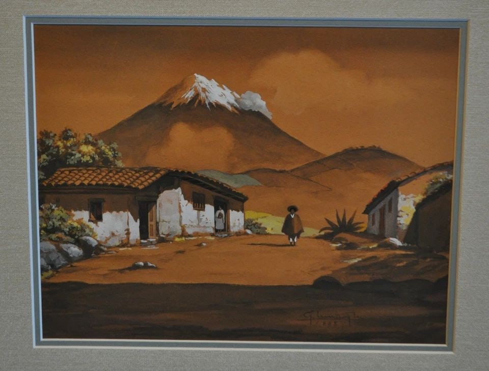 VINTAGE PAINTING - LATIN AMERICA ECUADOR PERU - MOUNTAIN VILLAGE - SIGNED - 1953: VINTAGE PAINTING - LATIN AMERICA ECUADOR PERU - MOUNTAIN VILLAGE - SIGNED - 1953 Item Description: This vintage watercolor painting shows a mountain village which looks to possibly be in Peru or Ecuad