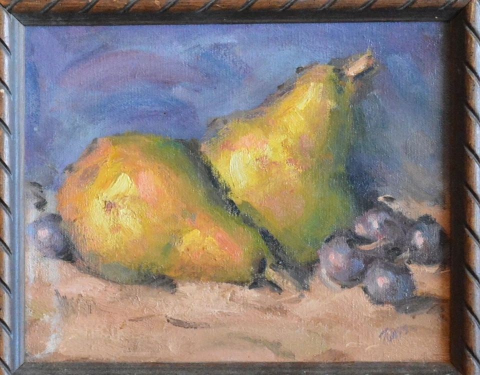 SMALL STILL LIFE IMPRESSIONIST OIL PAINTING - TWO PEARS WITH GRAPES - TUNIS? (1 of 2)