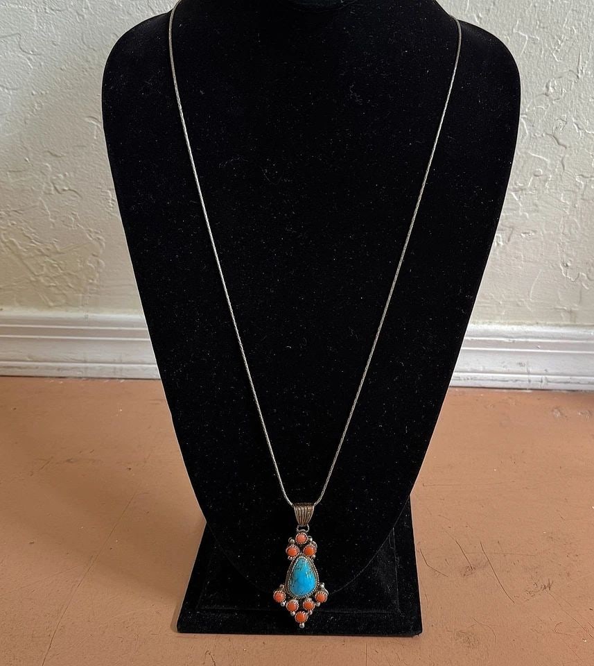 VINTAGE STERLING SILVER TURQUOISE AND CORAL NECKLACE PENDANT SIGNED BT: 2 5/8 " Tall x 1 1/8 " Wide ..Silver Chain 28 " Long 21 Grams ..clasp Looks to have been re Attached ..Ready to Wear .. Throughout the 40 years that I have been in business, I have purchased jewelry f
