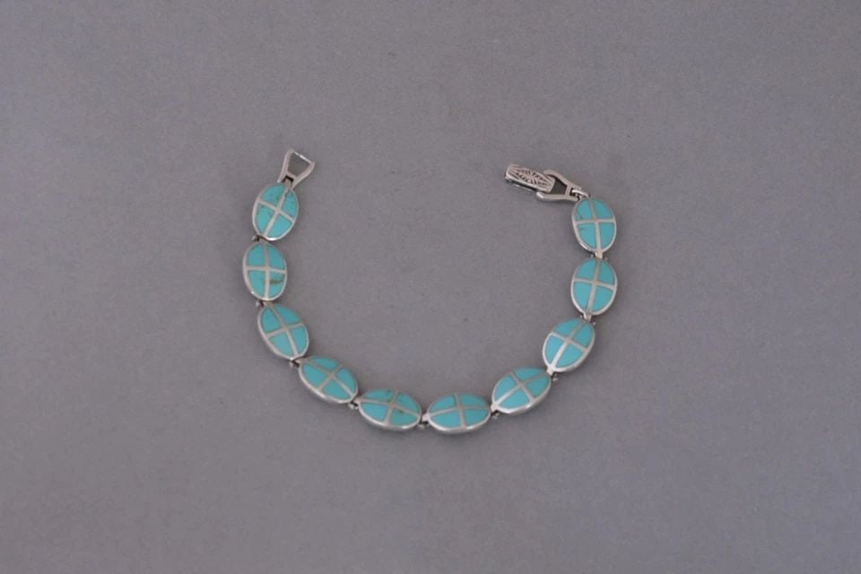 SOUTHWEST STERLING SILVER LINK BRACELET - TURQUOISE INLAY - 7 1/4" LONG (1 of 2)
