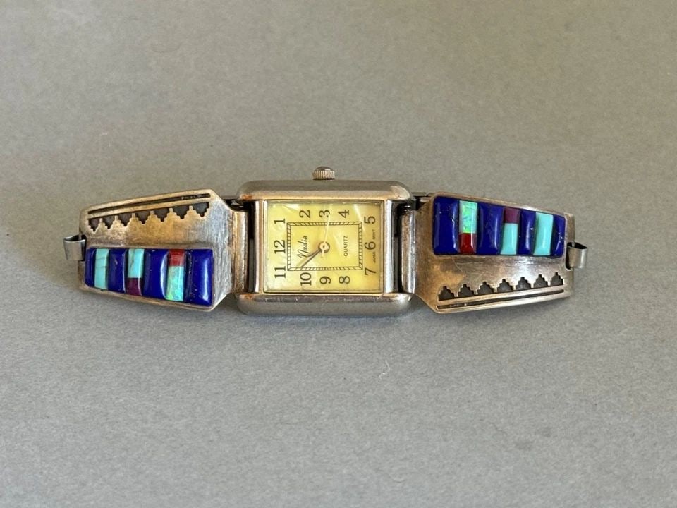 VINTAGE NAVAJO STERLING SILVER WITH STONES AND CORAL WATCH BRACELET M: VINTAGE NAVAJO STERLING SILVER WITH STONES AND CORAL WATCH BRACELET M Vintage Navajo Sterling Silver with Turquoise, Lapis, Opal and Coral Watch Bracelet Signed M 3/4" Wide