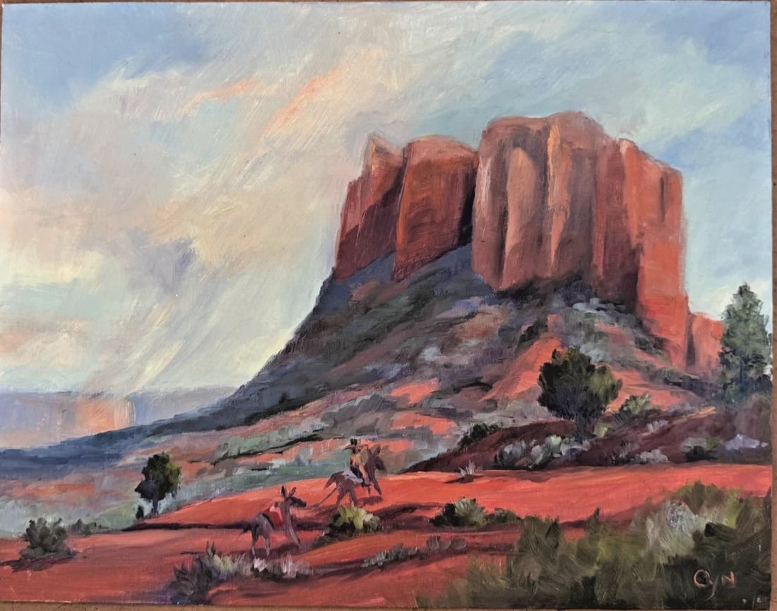 CYNDI THAU SEDONA ARIZONA COURTHOUSE BUTTE DONKEYS PAINTING 11" X 14": Original Painting 11" x 14" Cyndi Thau was born in Arizona and has travelled widely including through South and Central America. For many years Cyndi resided in the peaceful region of Oak Creek Canyon