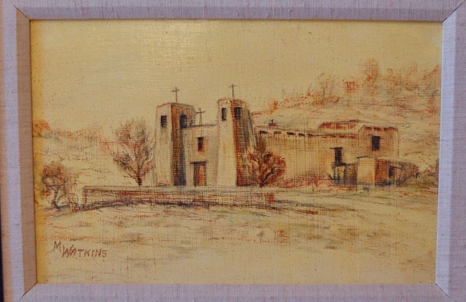 MARIDETH WATKINS (B.1917) - SEPIA PENCIL DRAWING OLD MISSION CHURCH NEW MEXICO (1 of 2)