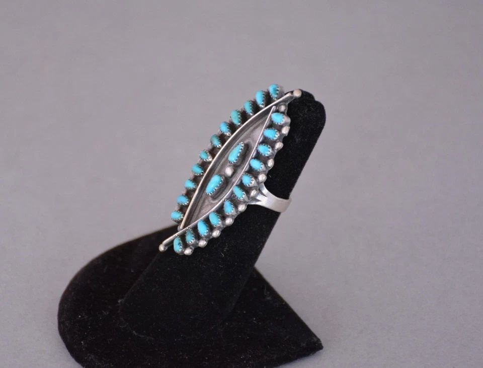 OLD PAWN VTG ZUNI STERLING SILVER PETTIPOINT TURQUOISE RING - 2" TALL - SIZE 5 (1 of 2)