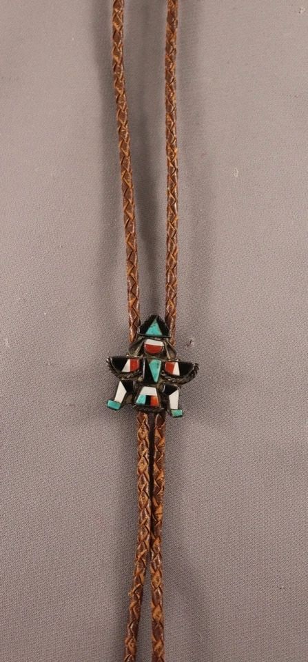 OLD PAWN.. ZUNI KNIFE WING.. BOLO TIE STERLING SILVER AND MIXED STONES (1 of 2)