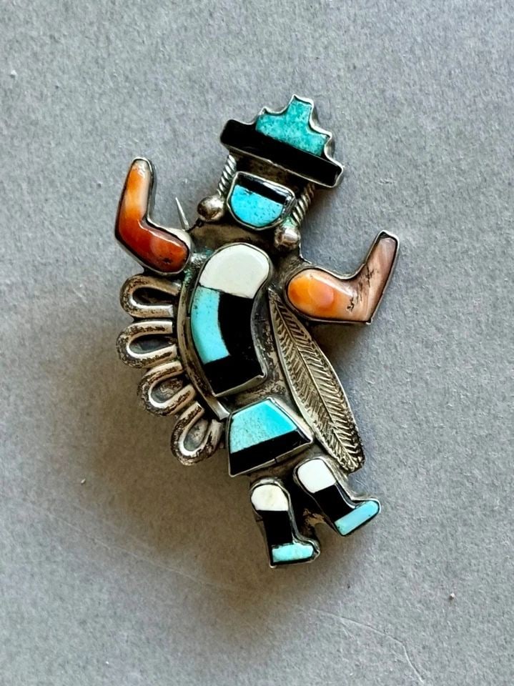 OLD PAWN ZUNI STERLING SILVER W INLAID TURQUOISE CORAL JET AND SHELL BROOCH PIN: OLD PAWN ZUNI STERLING SILVER W INLAID TURQUOISE CORAL JET AND SHELL BROOCH PIN Old Pawn Zuni Sterling Silver w Inlaid Turquoise Coral Jet and Shell Rainbow Man Brooch Pin ..1 3/4" Tall ..