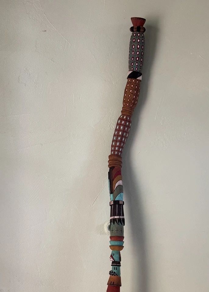 VINTAGE HOPI TOTEM KACHINA WALKING STAFF STICK ..4 FT. 9 ": 4 ft 9 " Tall 2" thick ..Multi Carvings One small chip on very end ..Must pick up in Sedona Az.. Throughout the 40 years that I have been in business, I have purchased jewelry from pawn shops througho
