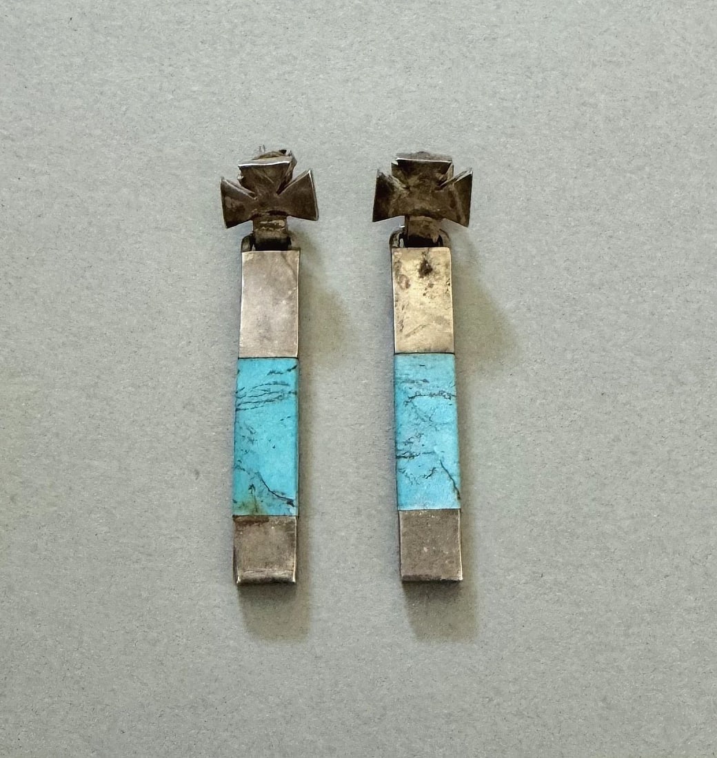 VINTAGE MEXICAN STERLING SILVER AND TURQUOISE EARRINGS SIGNED 950: 2 1/8 " Tall x 1/4 " wide ..23.3 Grams Signed Throughout the 40 years that I have been in business, I have purchased jewelry from pawn shops throughout the Southwest that had collections of dead pawn.
