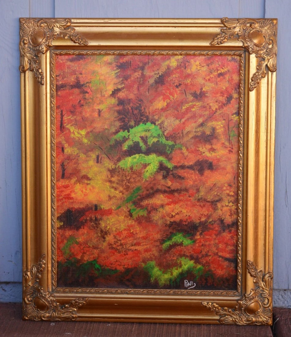 PINI - GICLEE PRINT - FOREST FROM ABOVE IN AUTUMN - GOLDEN YELLOWS ORANGES GREEN: This giclee print is signed Pini in the lower right. It shows a forest from above in Autumn when the leaves are at their brightest orange and yellow hues. The print is on a canvas texture and has been