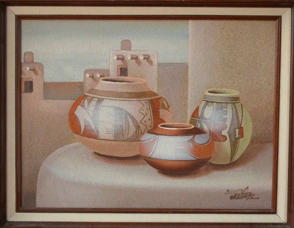 MARIO JUNG - SOUTHWEST INDIAN STILL LIFE OIL PAINTING - OLLA POTS IN HOPI PUEBLO: MARIO JUNG - SOUTHWEST INDIAN STILL LIFE OIL PAINTING - OLLA POTS IN HOPI PUEBLO This Southwestern still life oil painting has been beautifully done in soft earth colors by Mario Jung. It shows 3 Hopi