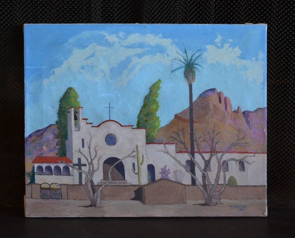 N. M. HELLER - ORIGINAL PAINTING - HISTORIC CHURCH ST. PHILLIPS TUCSON, AZ 1952 (1 of 2)