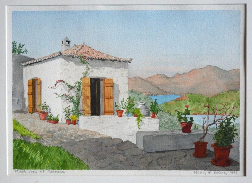 NANCY B. ROBERTS - ORIGINAL WATERCOLOR LANDSCAPE PAINTING - METHANA POROS GREECE (1 of 2)