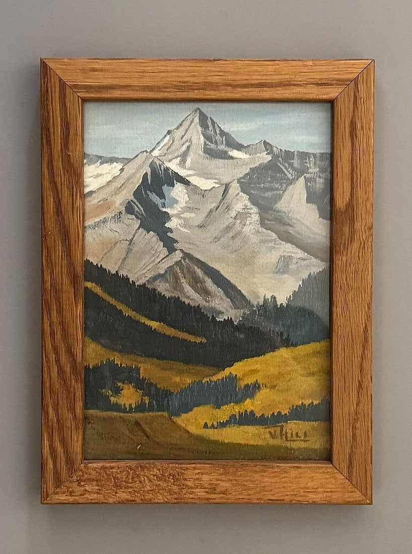 MOUNTAIN LANDSCAPE IN FALL PAINTING SIGNED V. HILL: 8 x 6 With Frame