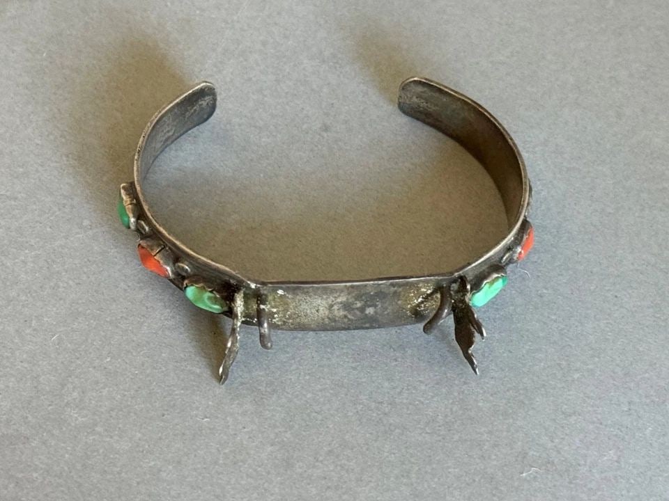 OLD PAWN NAVAJO STERLING SILVER WITH TURQUOISE AND CORAL WATCH BRACELET.: OLD PAWN NAVAJO STERLING SILVER WITH TURQUOISE AND CORAL WATCH BRACELET. Old Pawn Navajo Sterling Silver with Turquoise and Coral Watch Bracelet. 1/2 " Wide ..4 3/4 " Inside with a 1 1/4" Opening ..Si