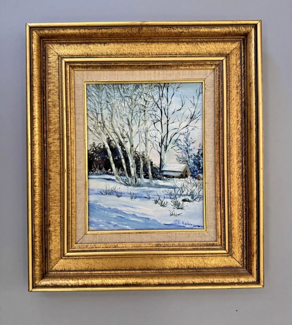 WINTER SNOW LANDSCAPE PAINTING SIGNED E. ROBINSON WITH FRAME (1 of 2)
