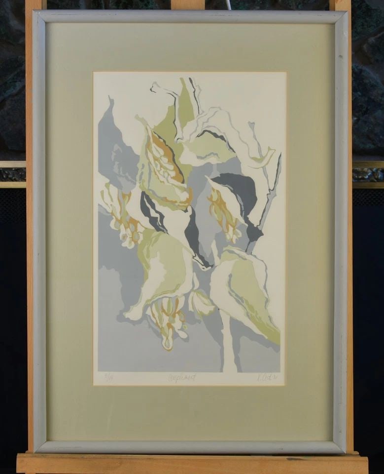 KATHARINE CORTI - FRAMED FLORAL SCREENPRINT - SOFT GREENS GREYS - LMTD ED SIGNED (1 of 2)