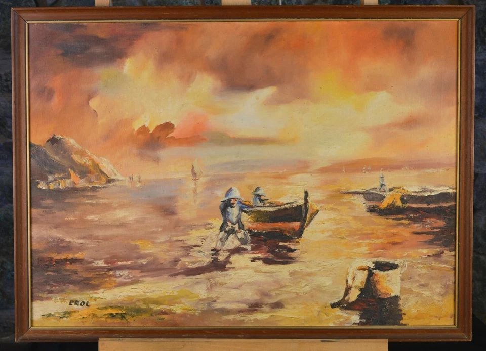 ANTIQUE OIL PAINTING - FISHERMEN & BOATS SEA SHORE ON ISLE OF CAPRI ITALY - EROL: ANTIQUE OIL PAINTING - FISHERMEN & BOATS SEA SHORE ON ISLE OF CAPRI ITALY - EROL Item Description: This antique oil painting is titled on the back "Fishers of Capri". It shows fishermen hauling their 
