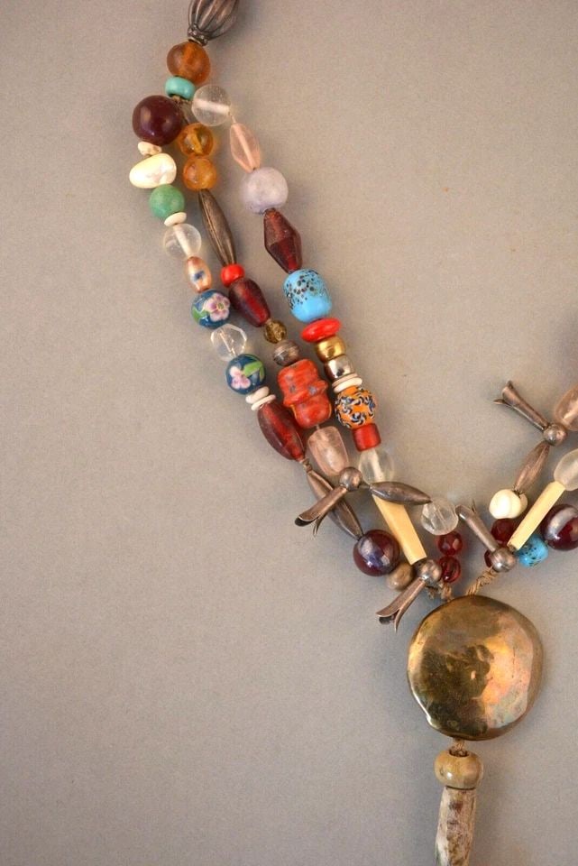 OLD TREASURE NECKLACE - 3 STRAND STONE GLASS ENAMEL SHELL SILVER BEADS & CROSS (1 of 2)