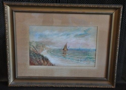 ANTIQUE MARITIME PAINTING - COASTAL LANDSCAPE WITH SHIPS - 1895 (1 of 2)