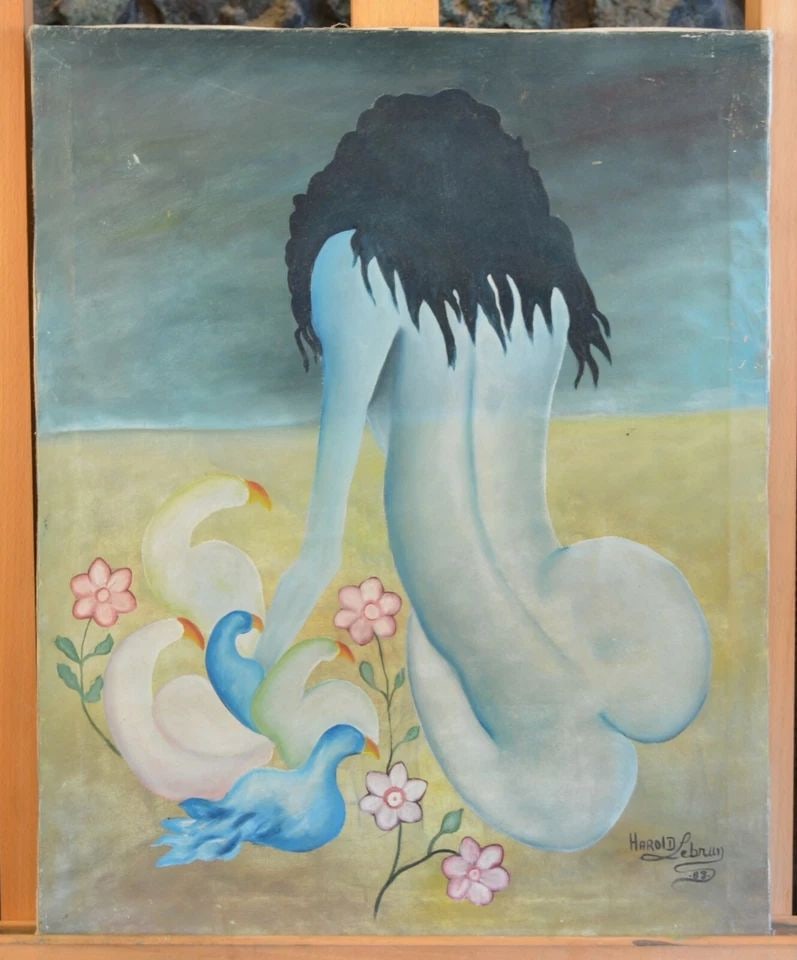 ADULT ONLY ITEM - REQUIRES VERIFICATION: ADULT ONLY ITEM - REQUIRES VERIFICATION Item : This vintage painting was done by Haitian artist Harold Lebrun. The sensuous curves of the painting stand out against the flat ocean horizon line. And th