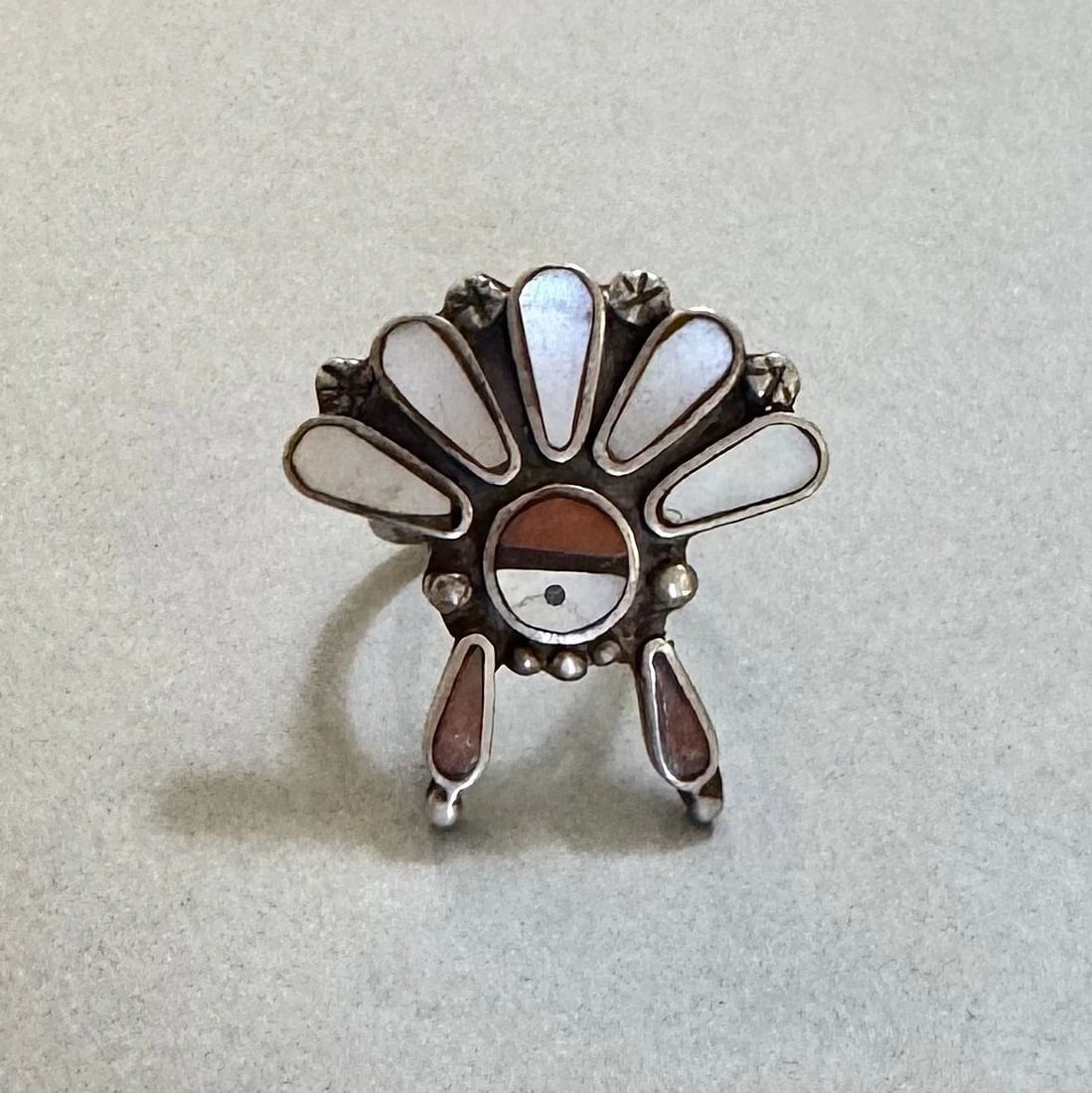 OLD PAWN ZUNI STERLING SILVER MULTI STONE SHELL KACHINA RING SIZE 7: 1 1/8 " 9 Grams Throughout the 40 years that I have been in business, I have purchased jewelry from pawn shops throughout the Southwest that had collections of dead pawn. Most of these pawn shops and 