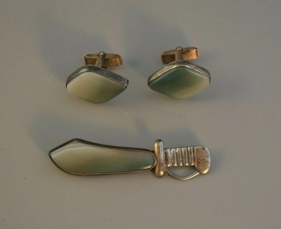 VINTAGE MENS STERLING SILVER CUFFLINKS & SABER SWORD PIN SET - UNIQUE STONE (1 of 2)