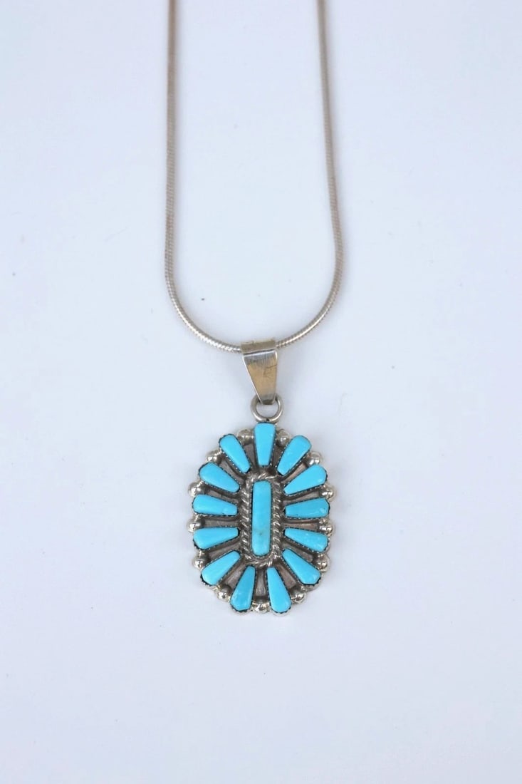 ZUNI STERLING SILVER TURQUOISE CLUSTER PENDANT NECKLACE - 16" - VERA HALUSEWA (1 of 2)