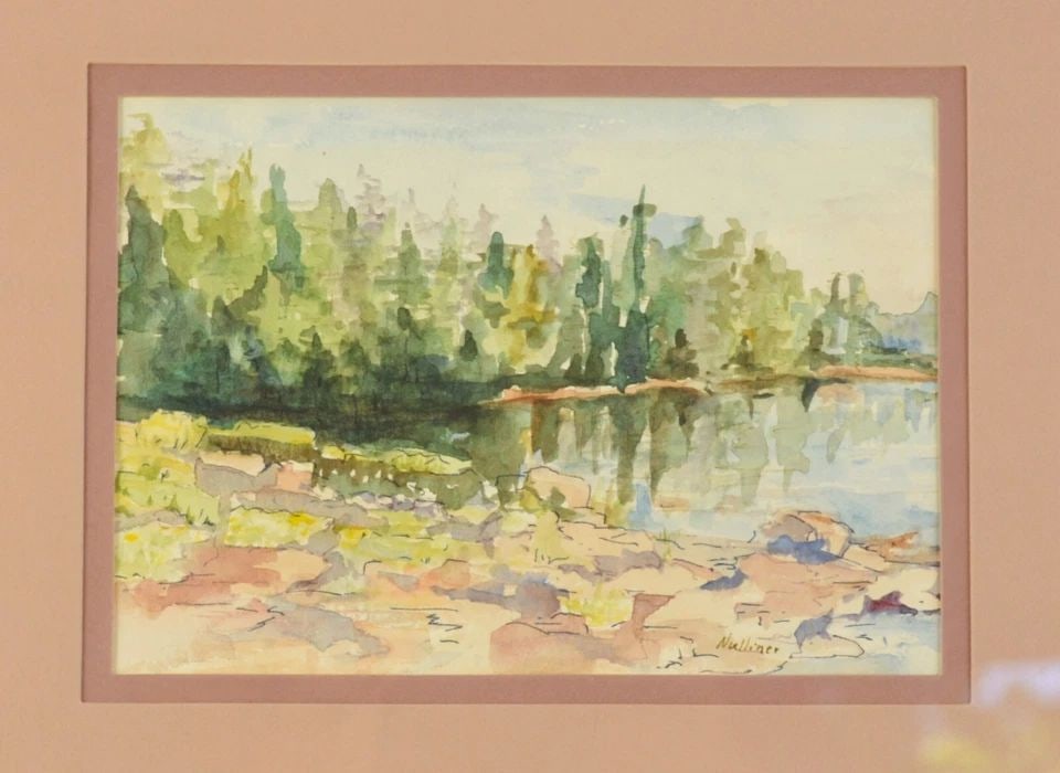 CATHY NULLINER - PINETOP ARIZONA WHITE MOUNTAIN LANDSCAPE WATERCOLOR PAINTING: CATHY NULLINER - PINETOP ARIZONA WHITE MOUNTAIN LANDSCAPE WATERCOLOR PAINTING Item Description: This watercolor painting is a landscape of the Big Lake Cove in the White Mountains of Arizona. It was d