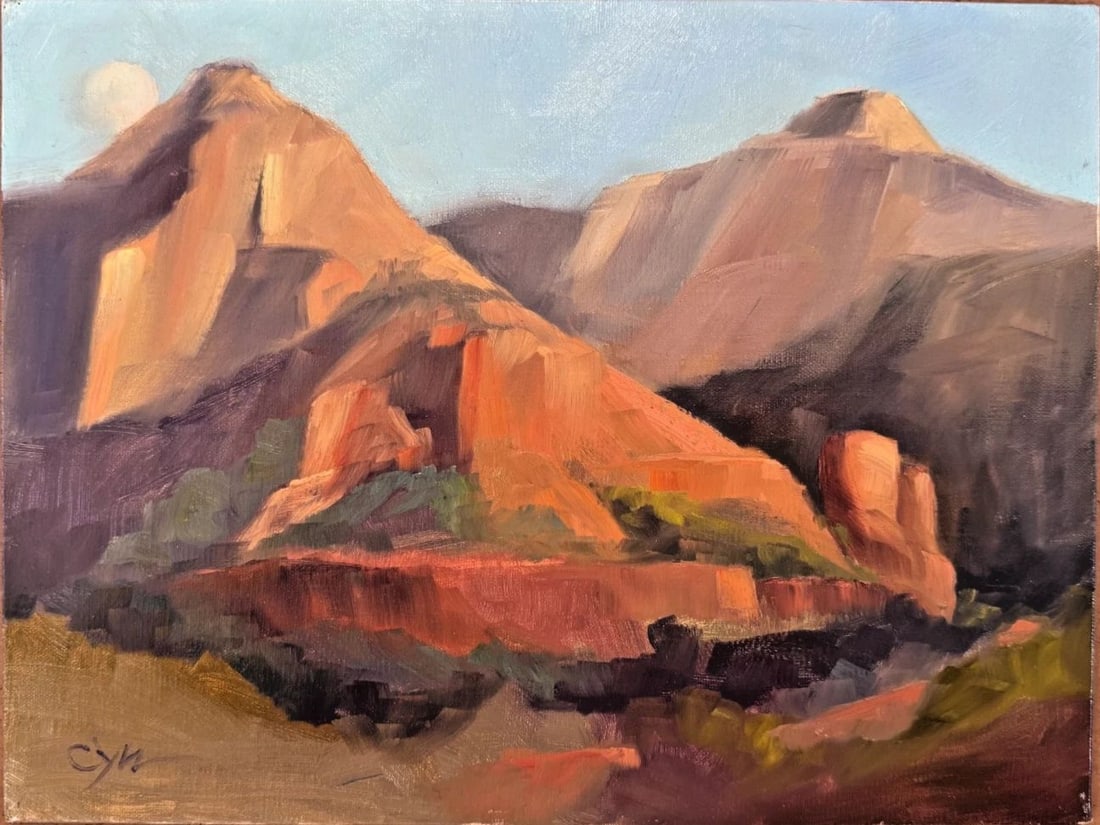 SOUTHWEST SEDONA PAINTING LA LUNA BY CYNDI THAU 9 X 12: 9 x 12 Oil on Board. Cyndi Thau was born in Arizona and has travelled widely including through South and Central America. For many years Cyndi resided in the peaceful region of Oak Creek Canyon, north