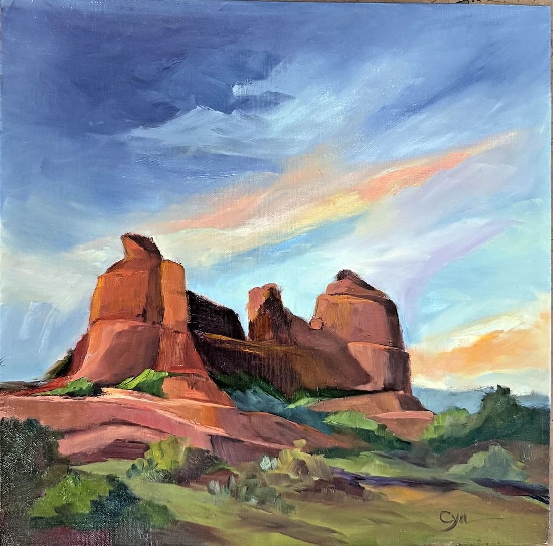 SEDONA ARIZONA SCHNEBLY HILL OIL PAINTING BY CYNDI THAU 12 X 12": 12 x 12 Oil on Board. Cyndi Thau was born in Arizona and has travelled widely including through South and Central America. For many years Cyndi resided in the peaceful region of Oak Creek Canyon, nort
