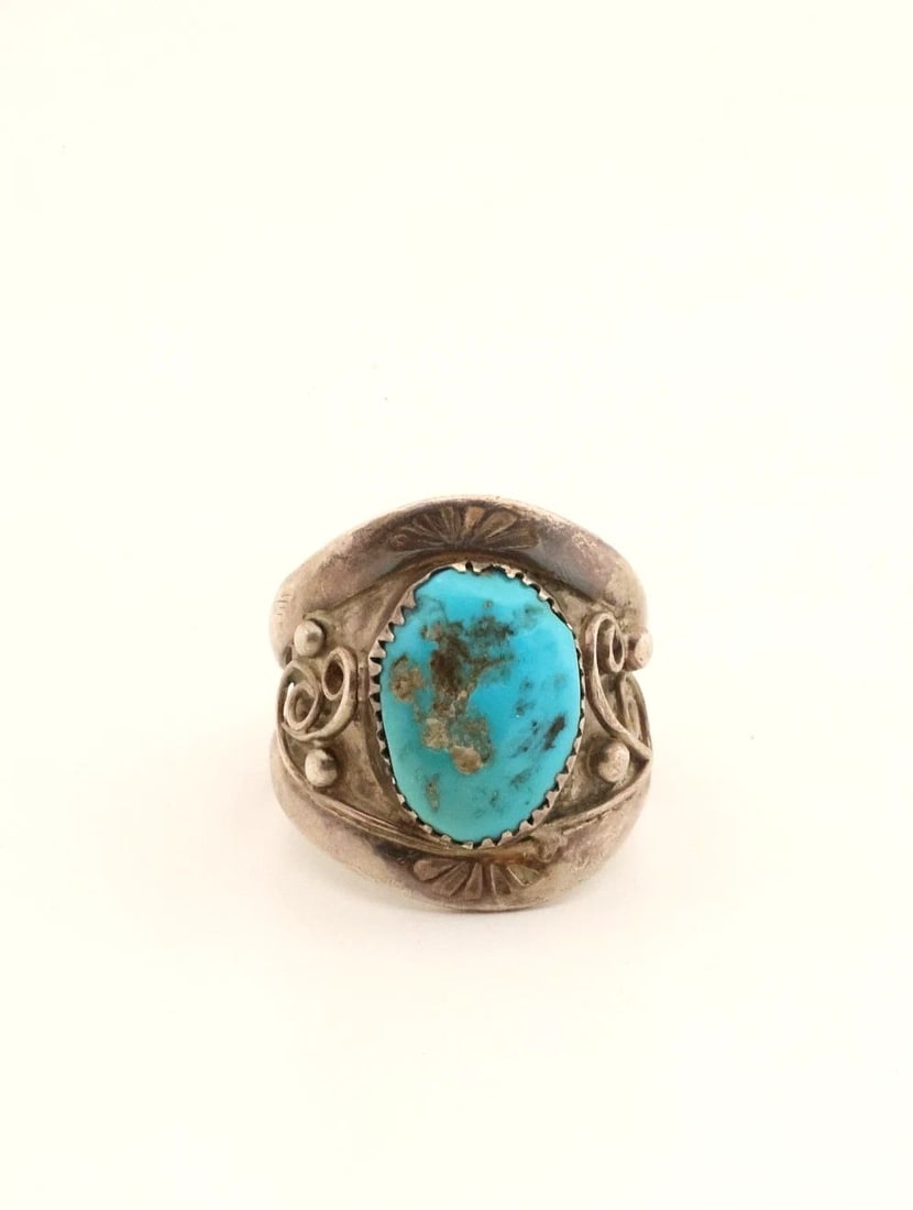 OLD PAWN STERLING SILVER AND TURQUOISE RING SIZE 10 1/2: 1 " Tall 11.9 Grams Throughout the 40 years that I have been in business, I have purchased jewelry from pawn shops throughout the Southwest that had collections of dead pawn. Most of these pawn shops 
