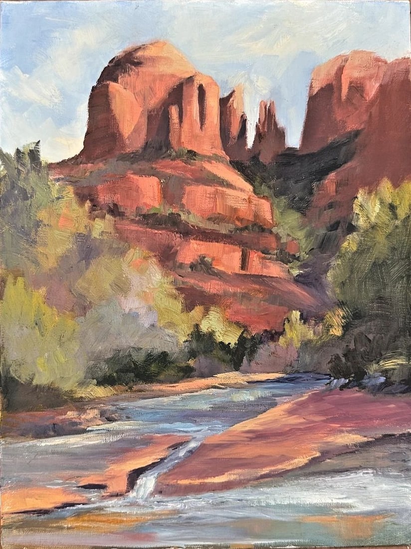 RED ROCK CROSSING SEDONA ARIZONA OAK CREEK PAINTING: 12 x 9" Oil on Board .Signed Cyndi Thau